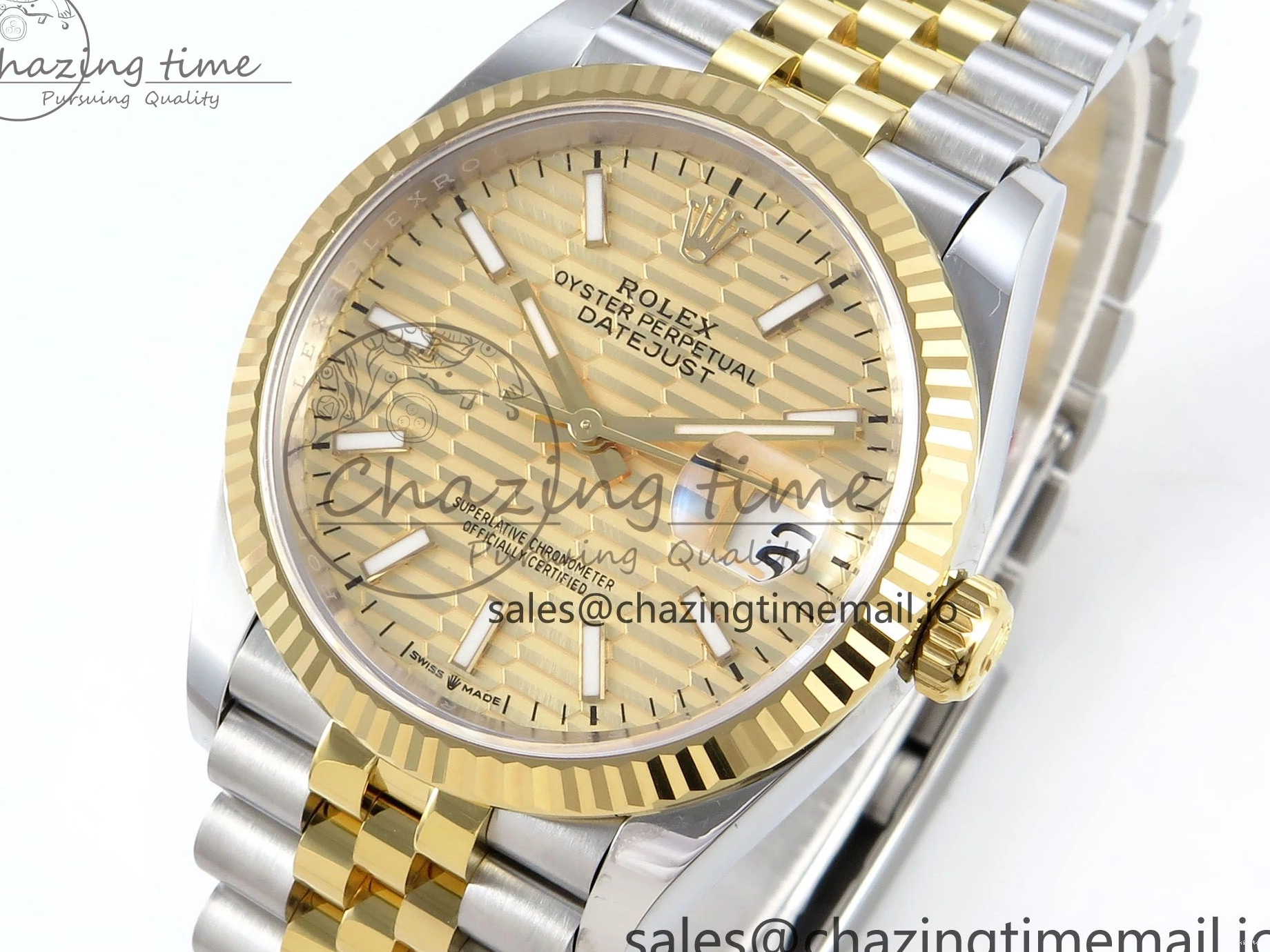 Best Stick YG 126233 EWEF SS on Textured Jubilee A3235 Bracelet 36 Marker YG Edition DateJust Dial 0510